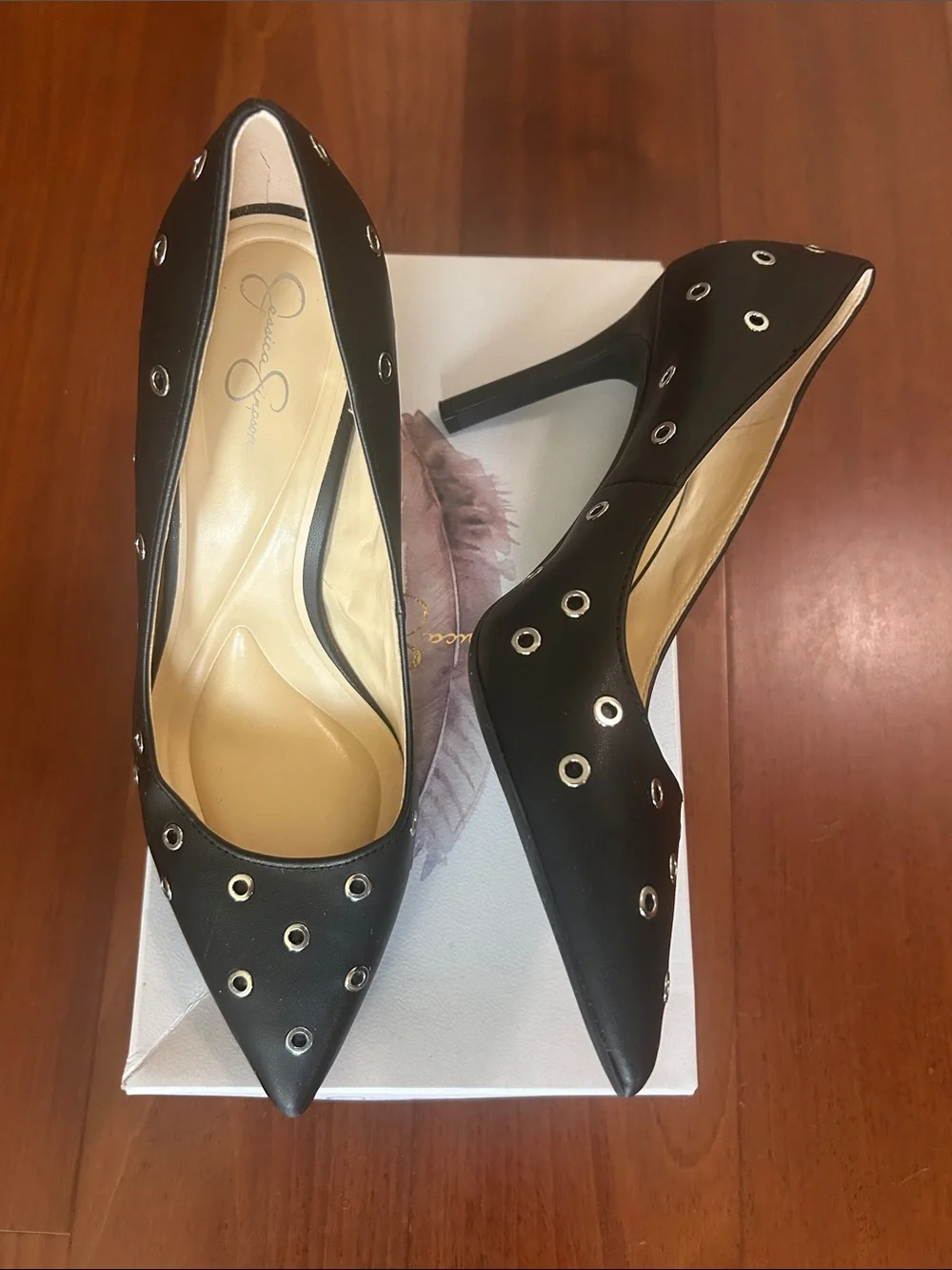 Jessica Simpson Black Pointed Toe Heels with Silver Eyelet Accents 9.5
